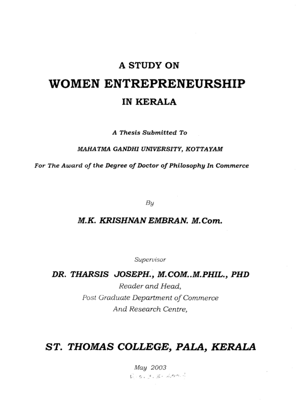 Women entrepreneurship thesis